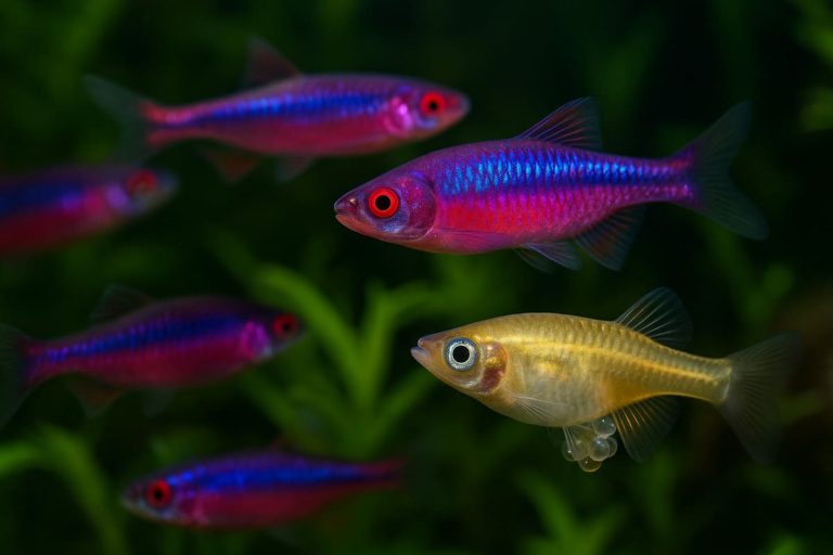 Notropis chrosomus e Oryzias latipes in acquario d’acqua fredda