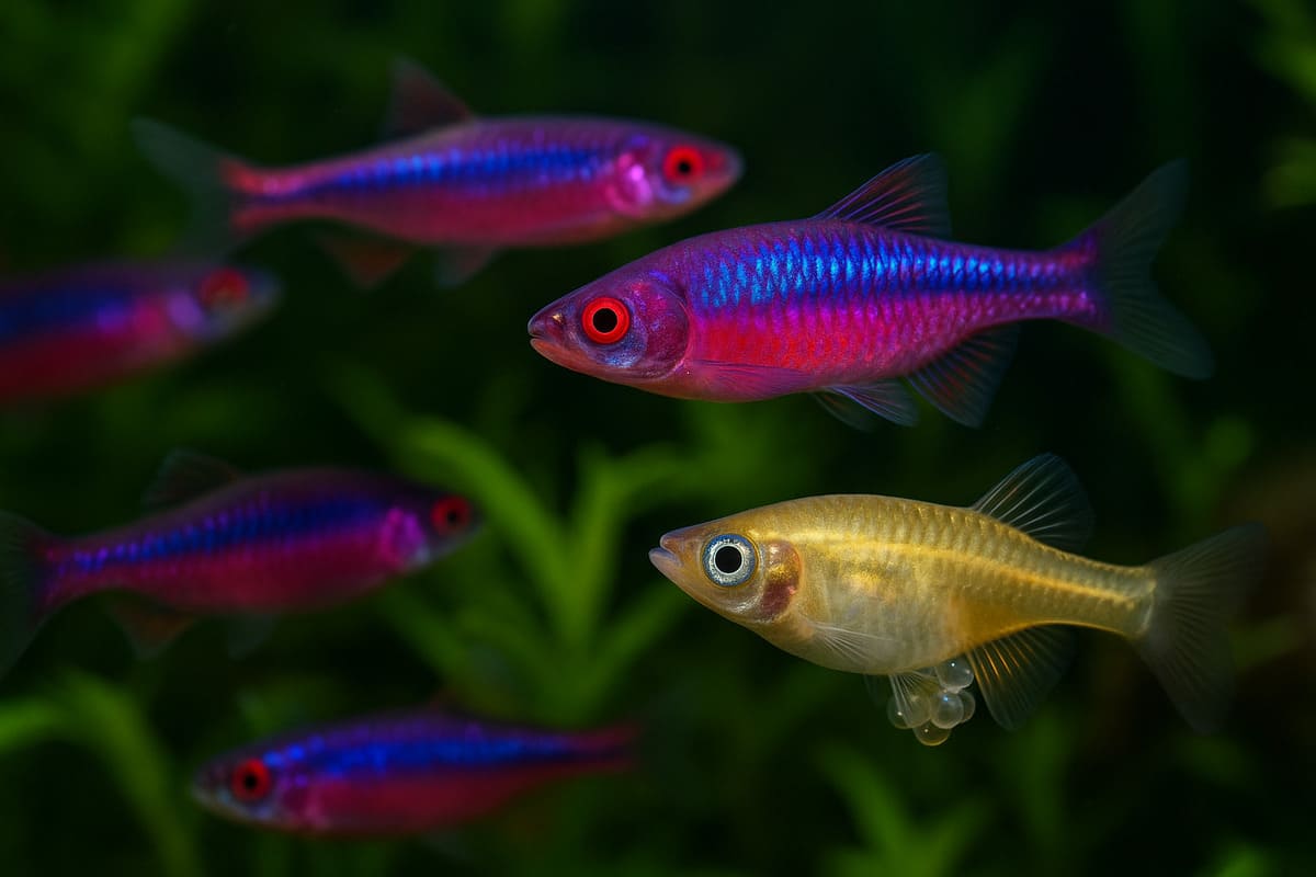 Notropis chrosomus e Oryzias latipes in acquario d’acqua fredda