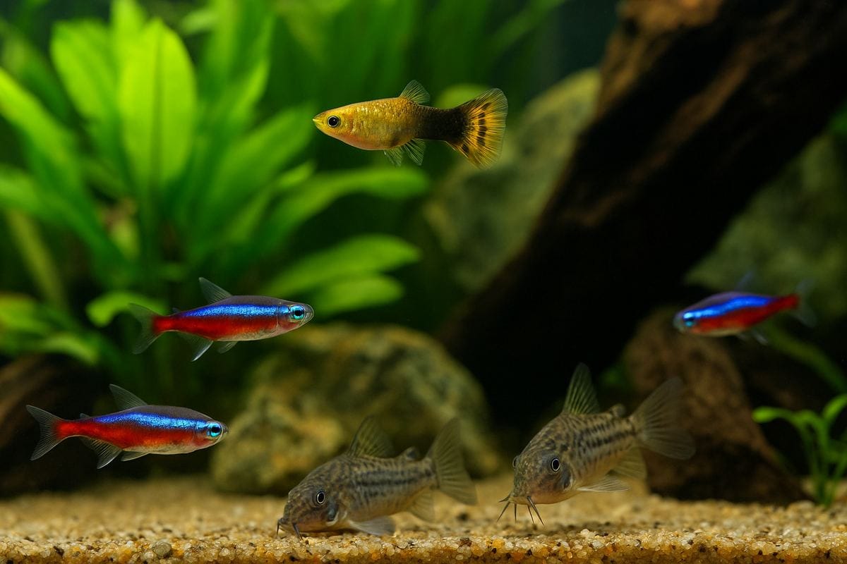 Gruppo misto di pesci pacifici in acquario di comunità con piante e legni.
