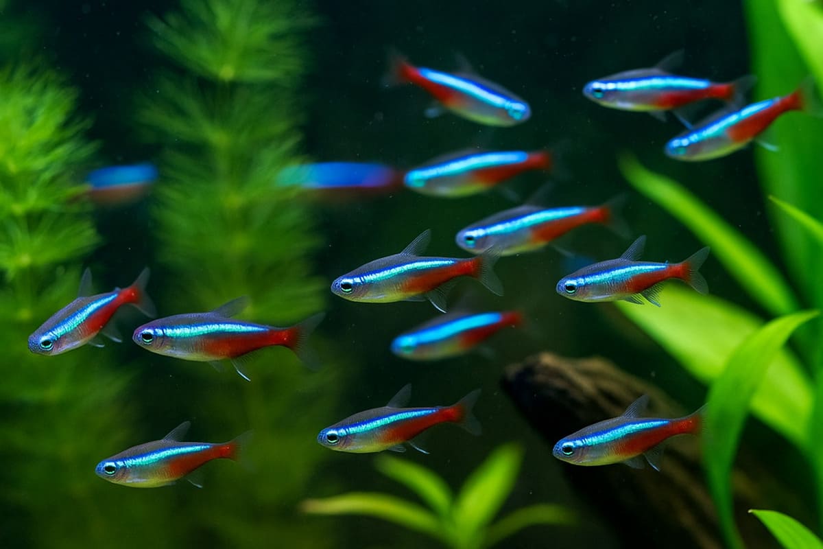 Banco di Neon Tetra in un acquario piantumato