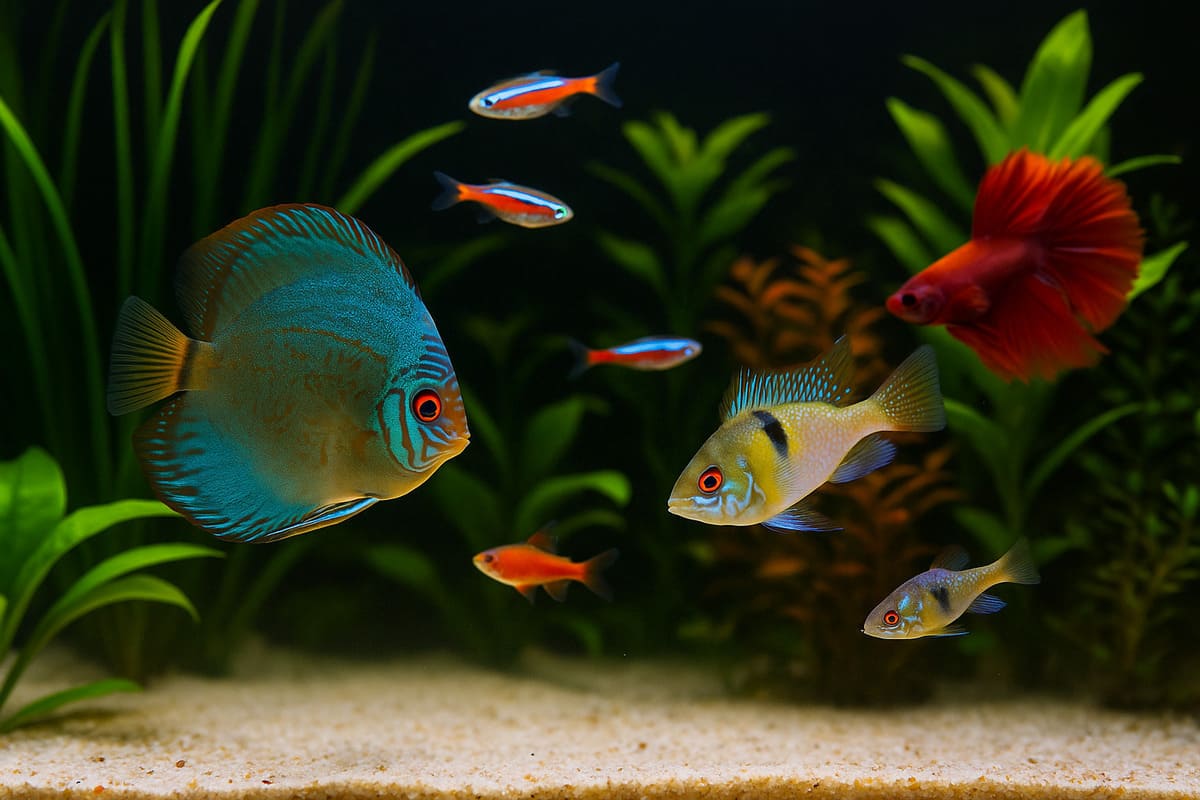Acquario tropicale con discus e neon tetra dai colori vibranti