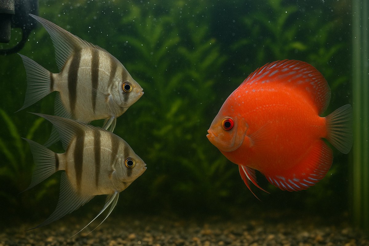 Acquario domestico con due scalari adulti e un discus rosso in primo piano