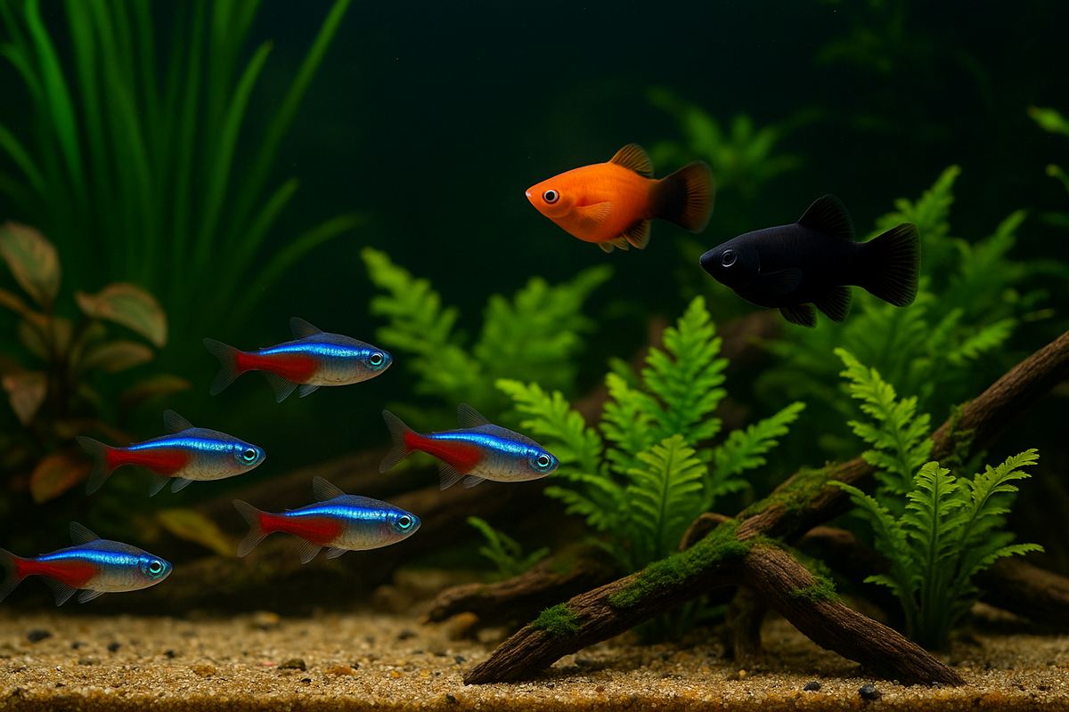 Banco di pesci neon (Paracheirodon innesi) che nuota tra piante verdi in acquario.