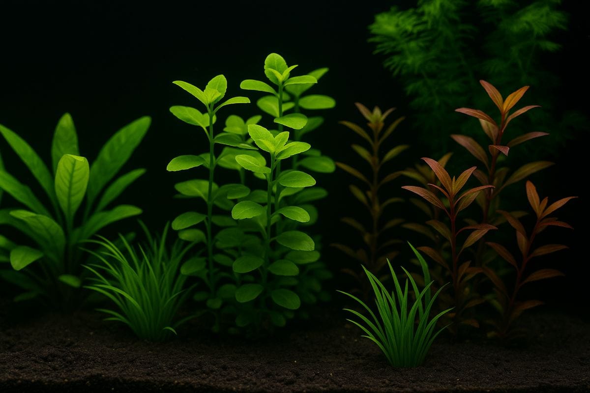 Dettaglio di Anubias, Cryptocoryne e Pistia in un acquario dolce.