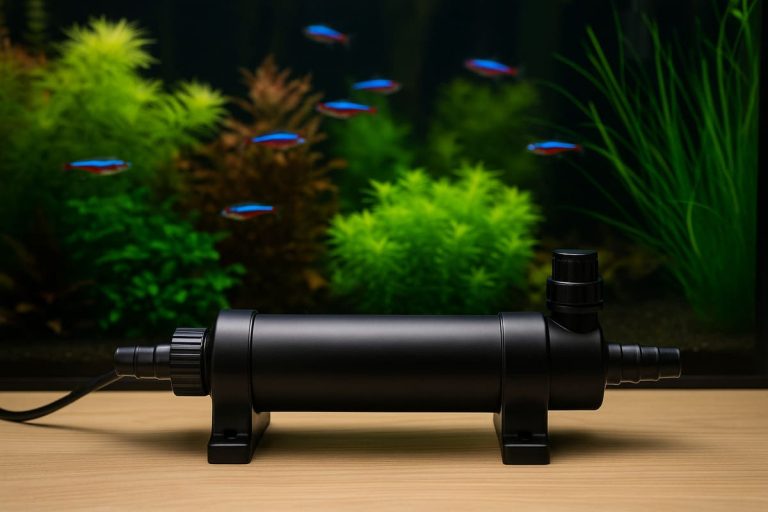 Sterilizzatore UV per acquario fotografato in primo piano con vasca d’acqua dolce sullo sfondo