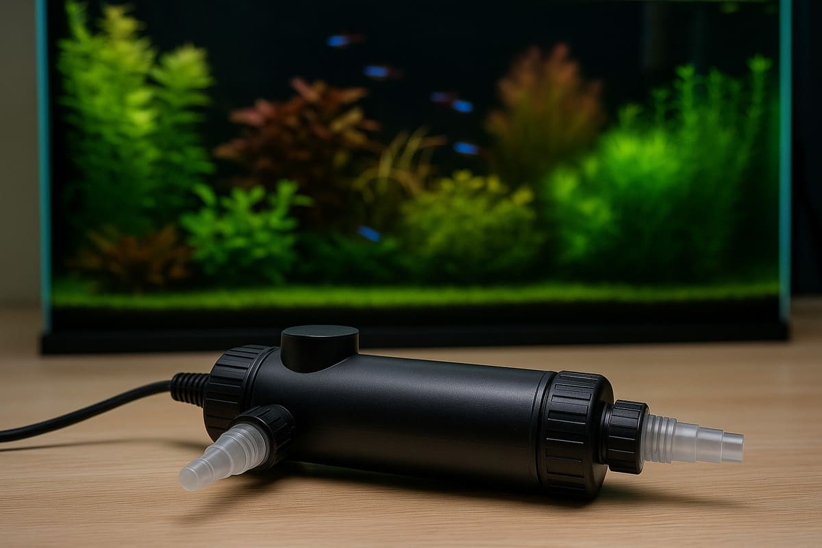 Dettaglio di uno sterilizzatore UV standard su tavolo, con acquario sullo sfondo sfocato