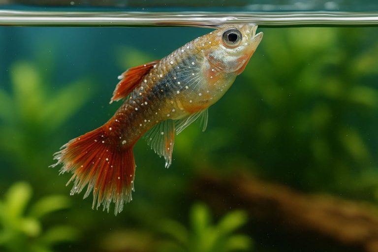 Pesce in superficie con puntini bianchi e pinne sfrangiate in acquario