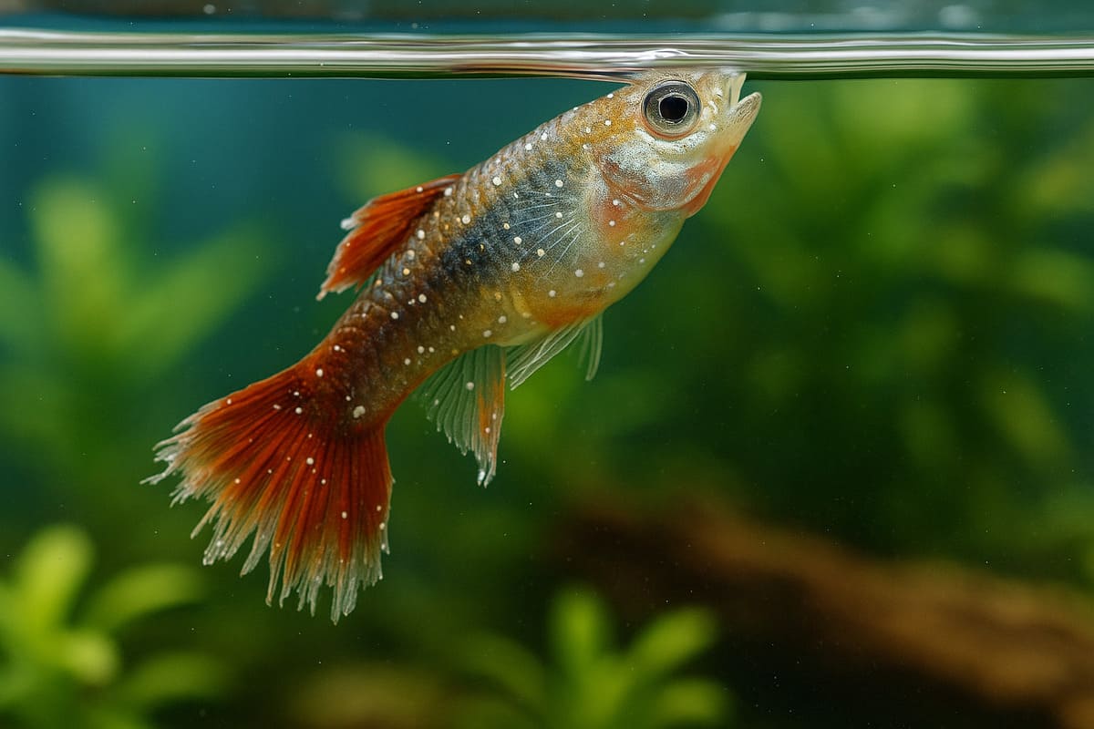 Pesce in superficie con puntini bianchi e pinne sfrangiate in acquario