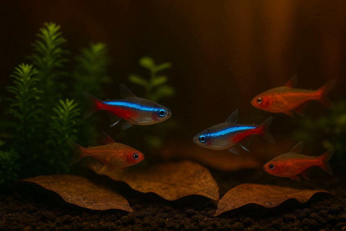 esci tropicali tra piante e foglie in acquario con acqua ambrata