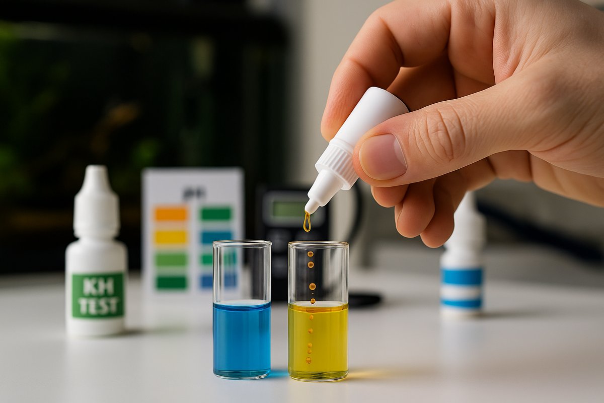 Mano che esegue test GH/KH con provette e reagenti
