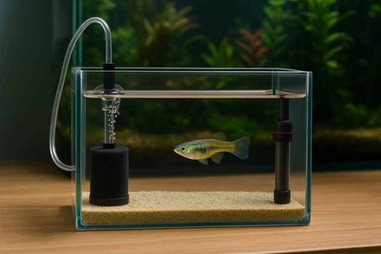 Acquario di quarantena con filtro a spugna e riscaldatore per pesci tropicali
