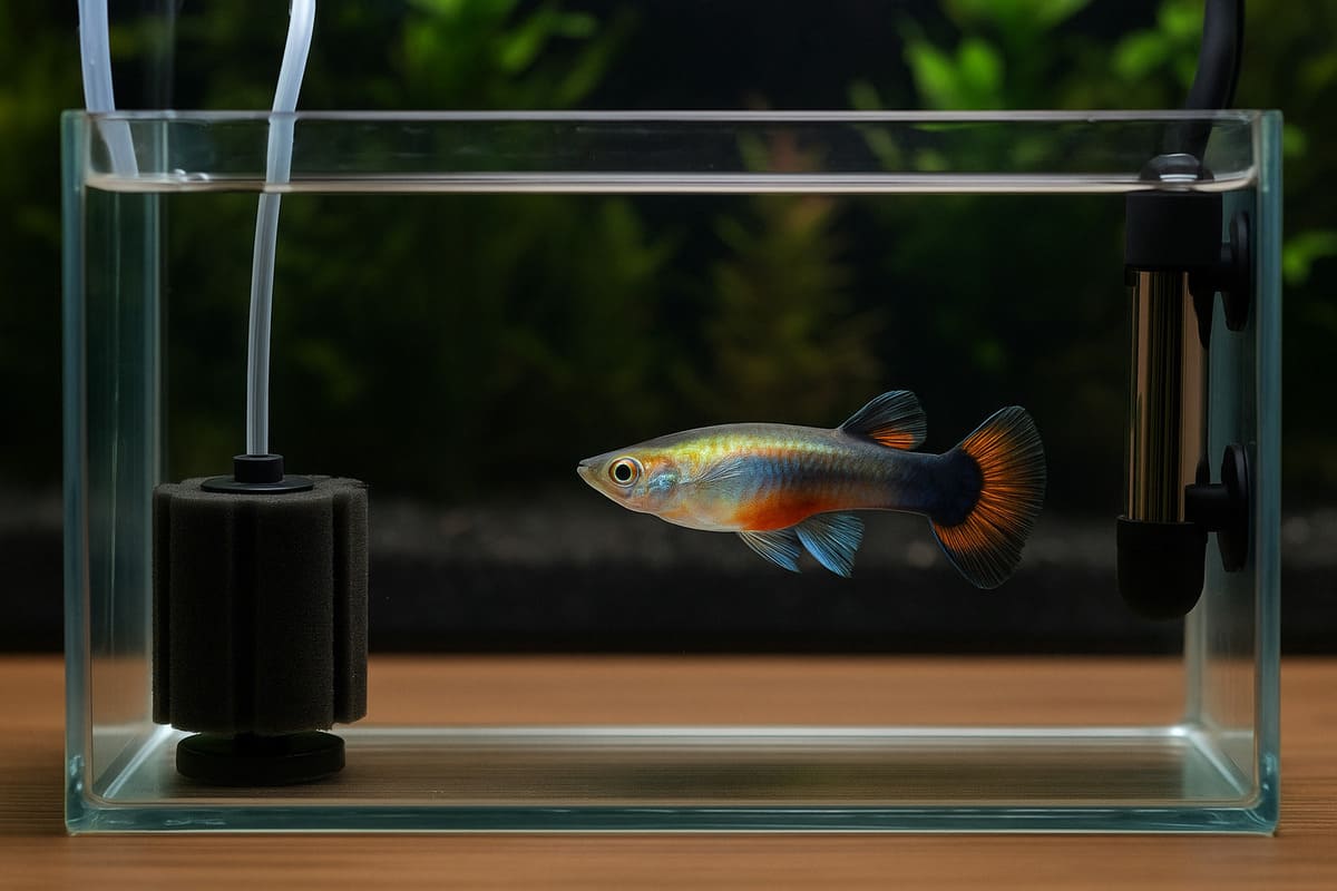 Filtro a spugna con tubicino e riscaldatore in un acquario di quarantena per pesci tropicali
