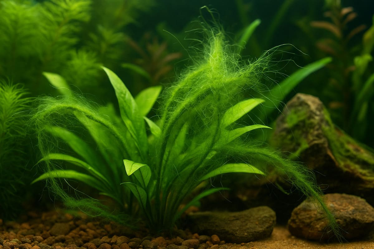 Alghe filamentose verdi tra le piante in acquario