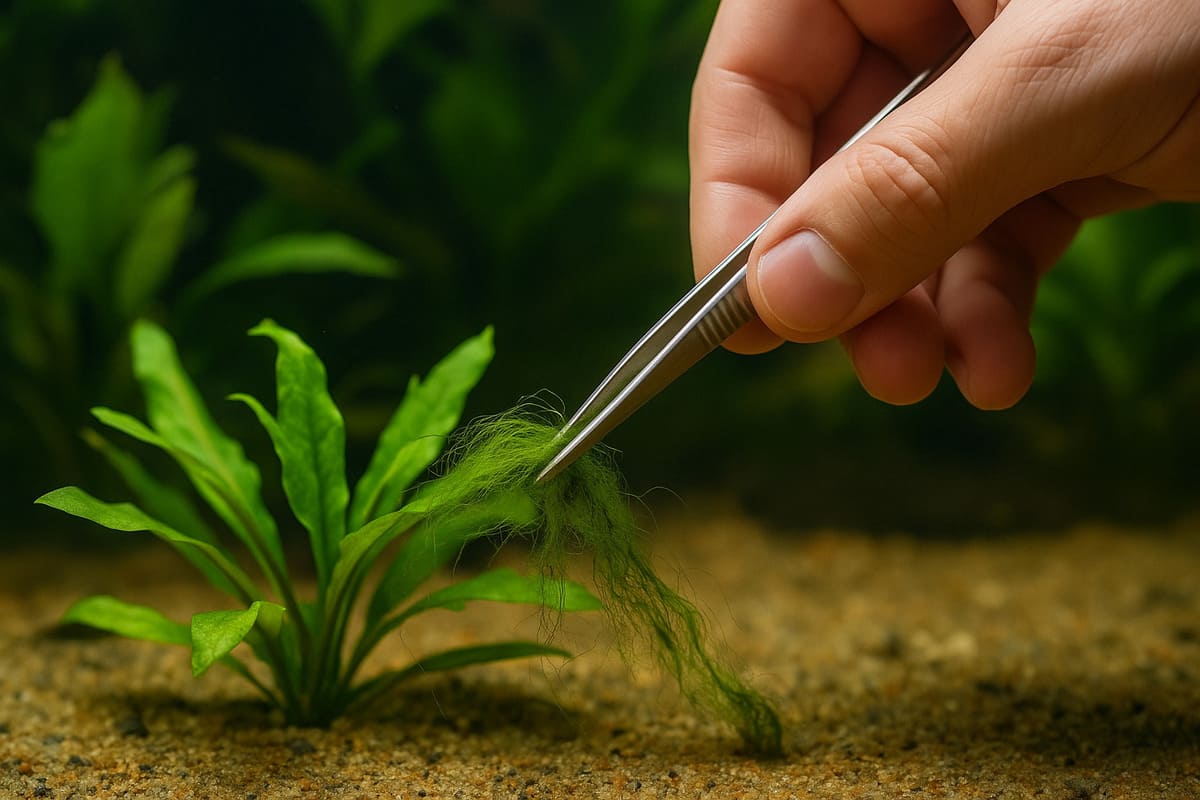 Rimozione manuale di alghe filamentose in acquario