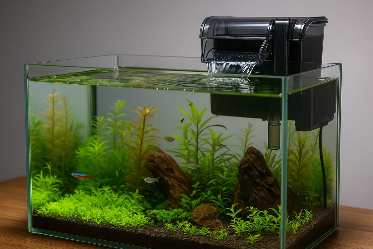 Filtro a zainetto in funzione su acquario dolce da 60 litri