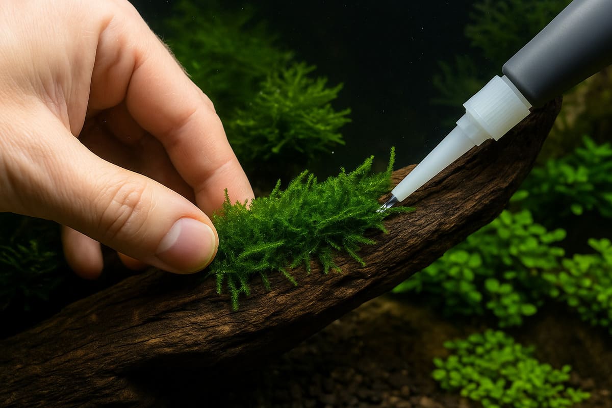 Fissaggio e potatura di muschio acquatico in acquario dolce